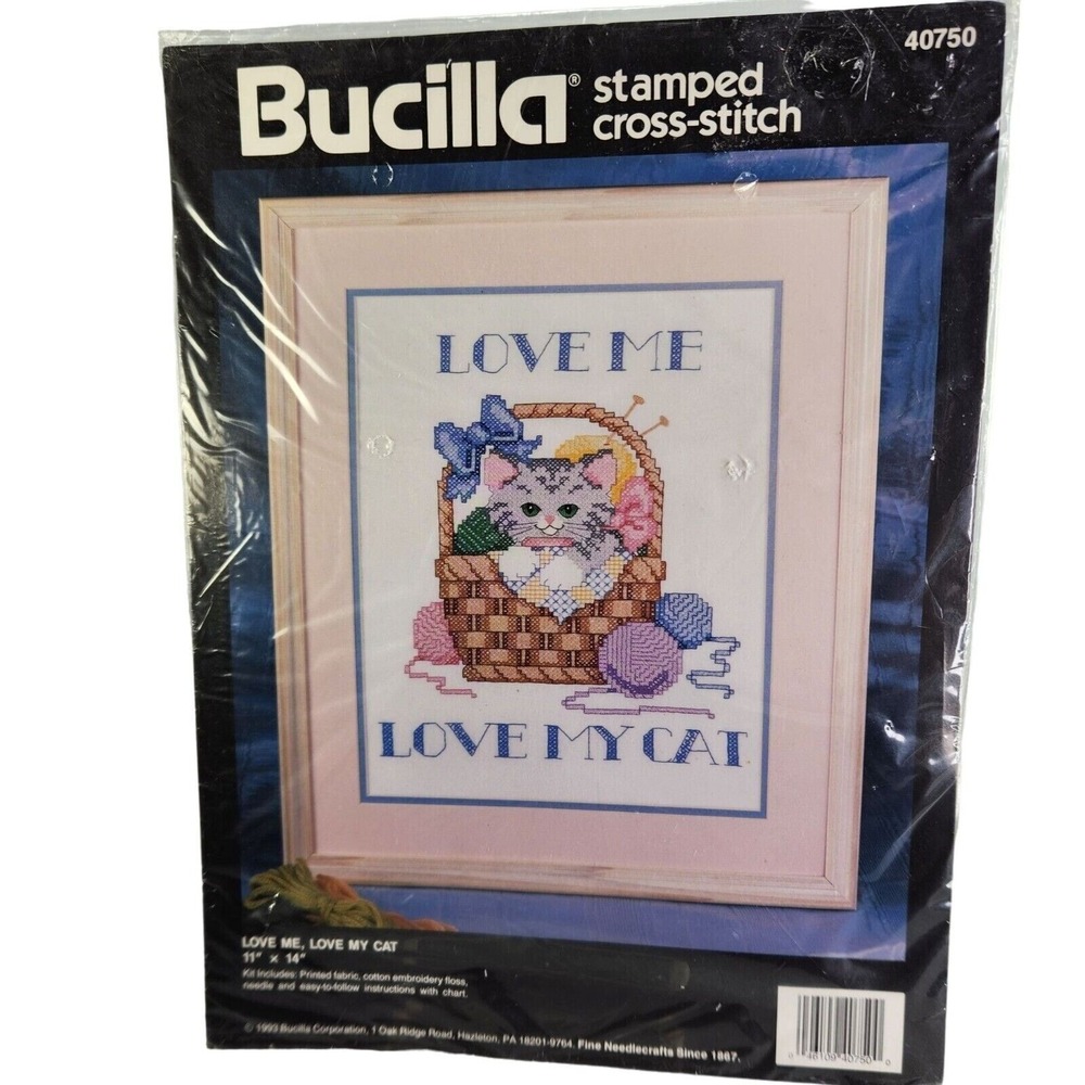 Bucilla Love Me Love My Cat Stamped Cross Stitch Kit Pet Kitten Basket Sealed